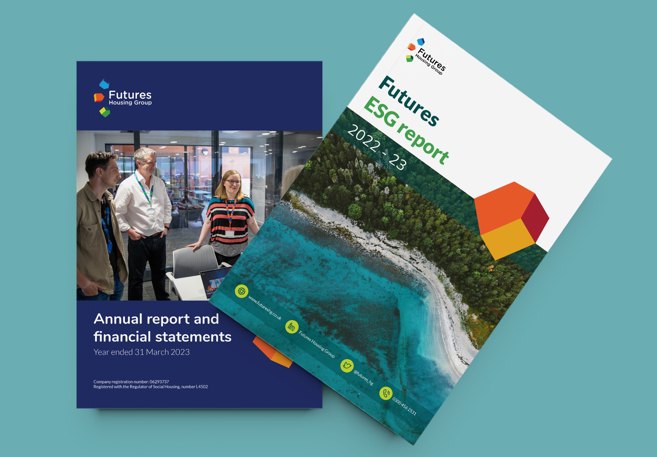 Photograph showing a copy of our ESG report and financial report for 2022-23 lying side by side on a green surface