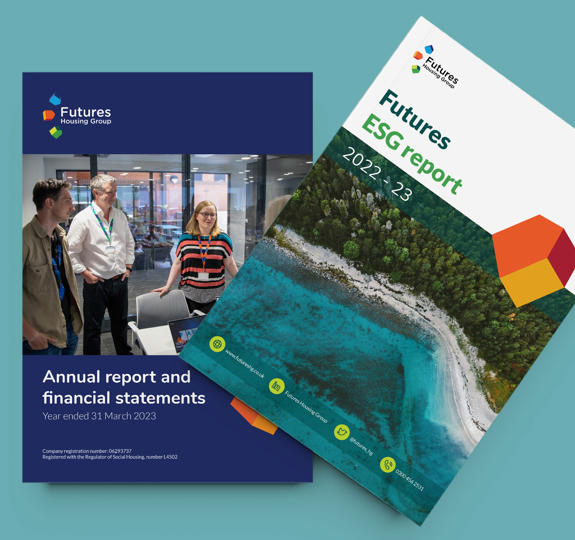 Photograph showing a copy of our ESG report and financial report for 2022-23 lying side by side on a green surface