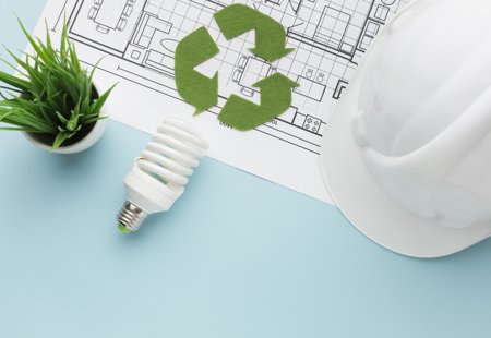 Photo of a white hard hat, a floorplan for a building, a low energy bulb a small plant and a green cut-out recycling symbol lying on a turquoise surface