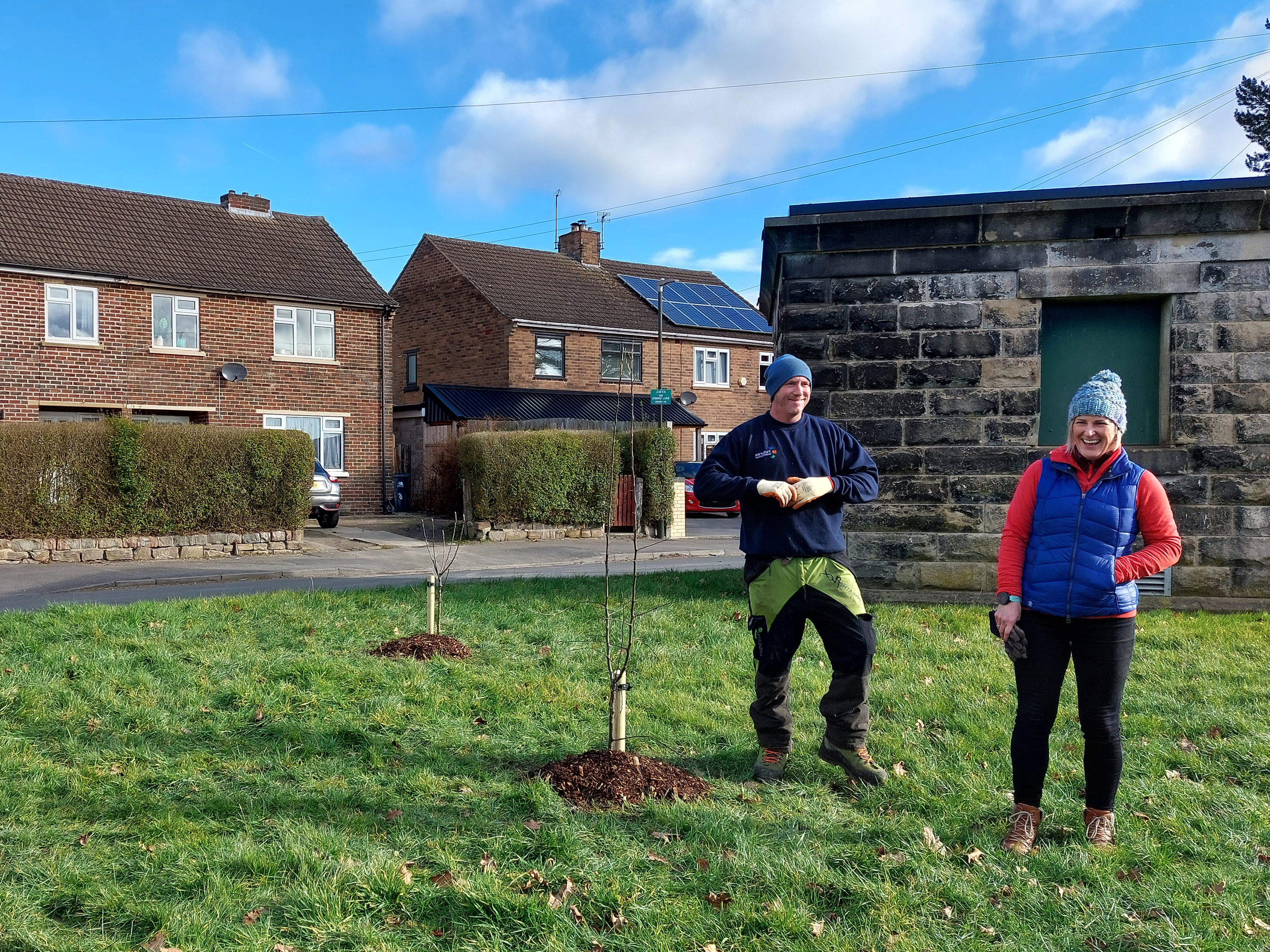 Photo of a man and a woman wearing winter clothes standing by some small, newly planted trees on a grassed area on a residential street
