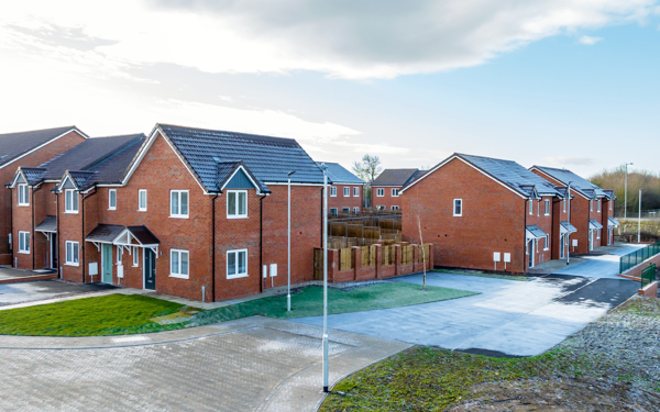Photograph taken from a high viewpoint of some of the new homes on Banbury Lane, taken on a frosty day