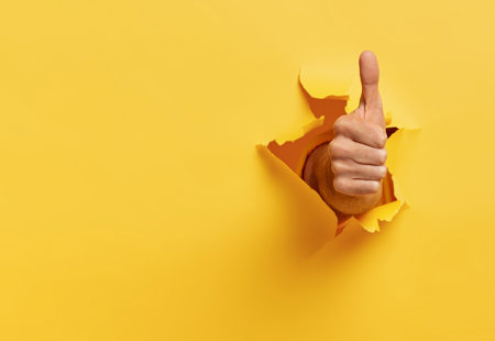 Photo of a hand with the thumb pointing up in a positive gesture that looks like it has been pushed through the yellow background