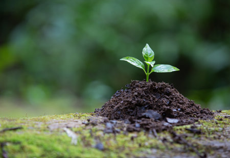 Close up photo of a small plant seedling emerging from a tiny pile of soil