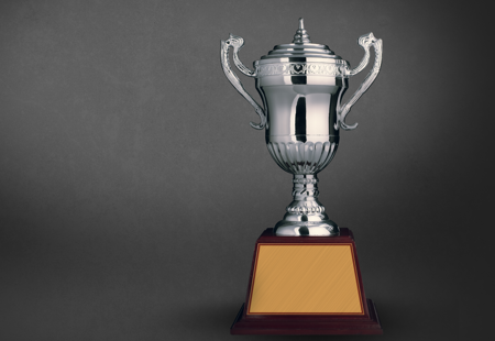 Photo of a silver trophy displayed against a grey shaded background